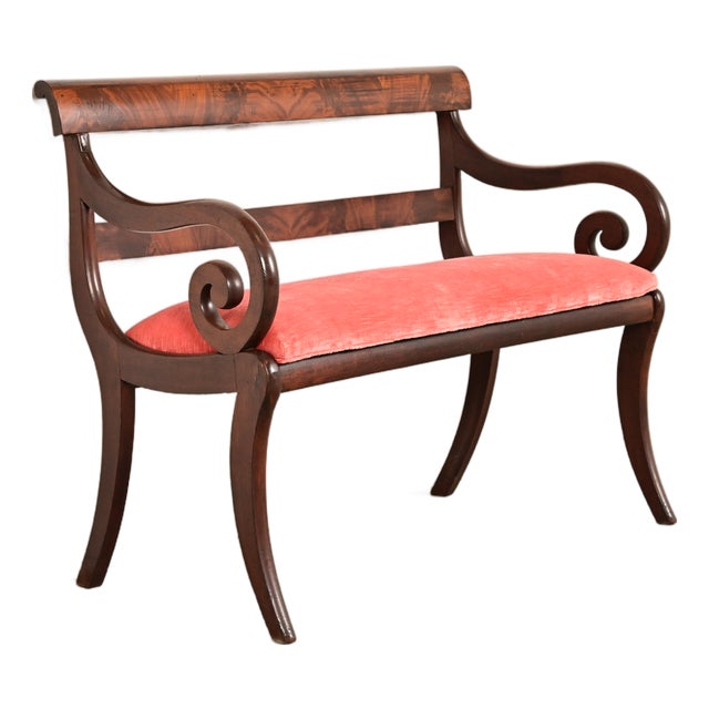Baker Furniture Style Antique English Regency Flame Mahogany Bench or Settee For Sale