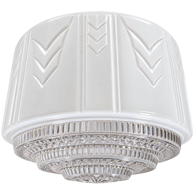 Machine Age Art Deco Skyscraper Milk Glass Pendant Shade. A classic Art Deco pendant light shade featuring a geometric...
