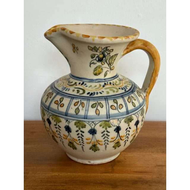Early 20th Century Early 20th Century Spanish Hand Painted Blue and Yellow Pottery Pitcher Jug For Sale - Image 5 of 10