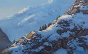 Afternoon Sunlight by Rob Alexander | Oil on wood panel Snowy mountains with evergreen trees.