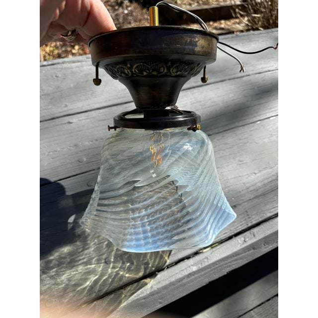 American Vintage Semi-Flush Brass Ceiling Fixture With Vintage Opalescent Shade For Sale - Image 3 of 5
