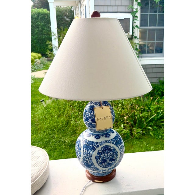 Ralph Lauren Blue and White Double Gourd Porcelain Table Lamp with Floral and Koi Motif Original harp, finial and lamp...