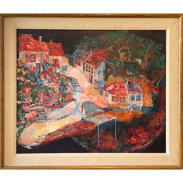 Textile Franz Anton Coufal, Austrian Magic Realist Oil Painting Vibrant Village Landscape Scene Franz Coufal For Sale - Image 7 of 12