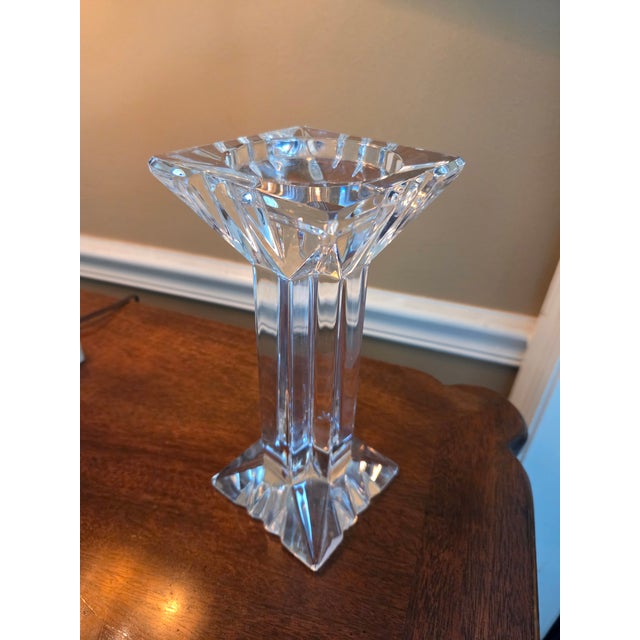 Vintage Solid Lead Crystal Squared Pillar Candleholder For Sale - Image 4 of 7