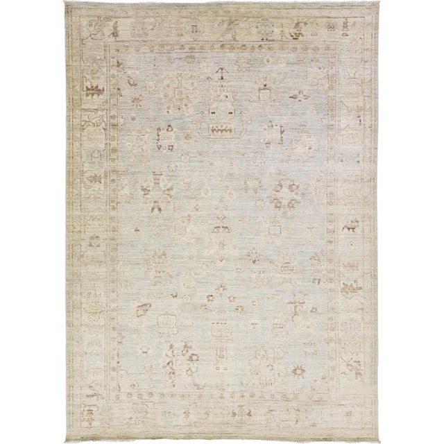 Beige Gray Modern Handmade Floral Oushak Style Wool Rug For Sale - Image 8 of 8