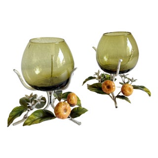 1950s Italian Toleware Hurricane Candle Holders With Citrus Accents For Sale