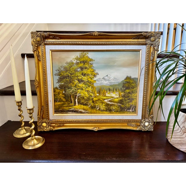 Wood Mid Century Framed Landscape Oil Painting Signed S Mold With Carved Gilt Wood Frame For Sale - Image 7 of 8