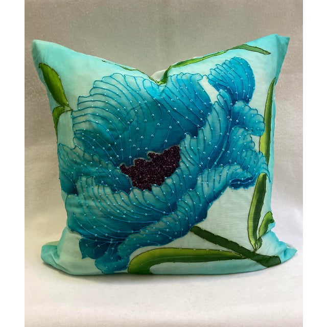 Glam Poppy Floral Print Beaded Silk Georgette Pillow Cover For Sale - Image 9 of 9