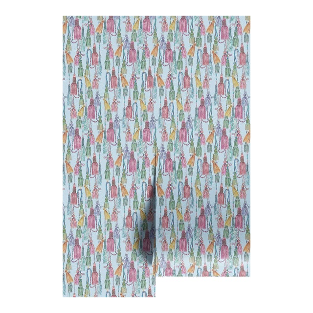 Tassel Trellis Grasscloth Wallpaper by House Party | Silk Ribbon Blue | 6 Yards For Sale
