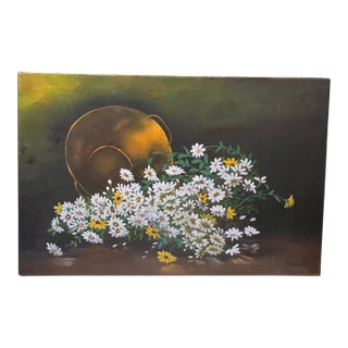 1980s Francis “Duke” Downs Palm Beach Still Life of Spilled Daisies & Overturned Pot, Original Oil, 36” For Sale