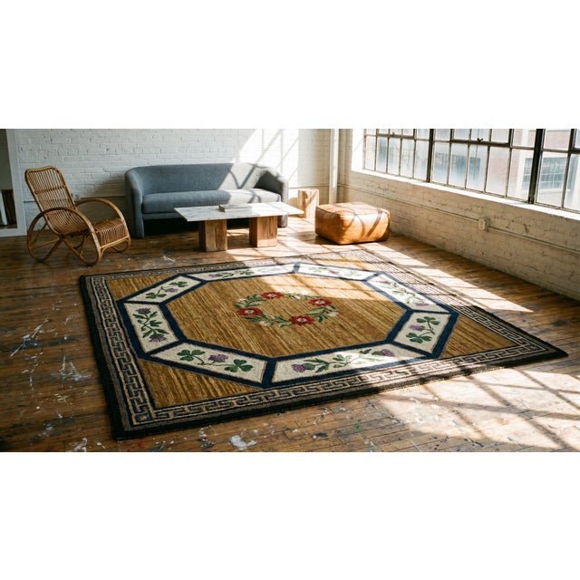 1930s Orange Arts & Crafts Floral American Hooked Rug 6' X 6' Handknotted Wool Carpet For Sale - Image 10 of 11