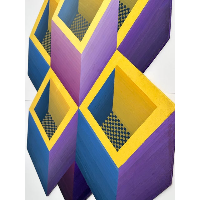 A great vintage Op Art piece executed in yellow, purple, and cool blues. This original painting on wood features vibrant...