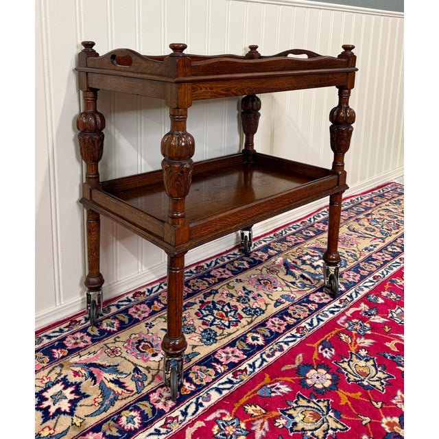 Antique English Trolley Tea Cart Pastry Cocktail Bar Cart Tray Tudor Oak 1930s 2 For Sale - Image 12 of 18