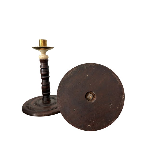 Brown Pair of Antique English Oak Barley Twist Candlesticks With Brass Bobeches, Victorian C. 1890 For Sale - Image 8 of 9