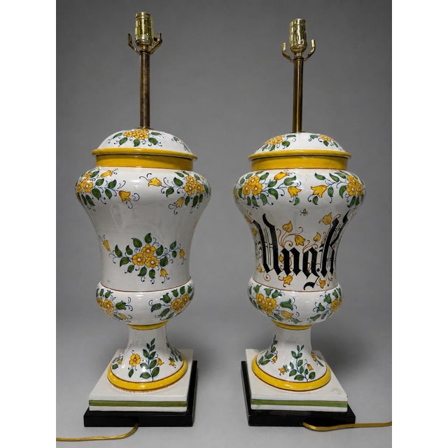 Pair of Italian Maiolica Apothecary Jars Converted to Lamps For Sale - Image 4 of 7