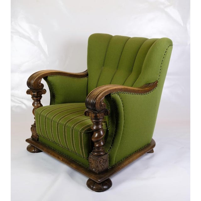 Armchair in Green Fabric with Wood Carvings, 1920s For Sale - Image 9 of 10