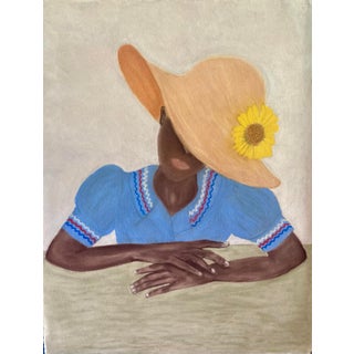 "Lady at the Desk" Original Folk Art Pastel Portrait Painting For Sale