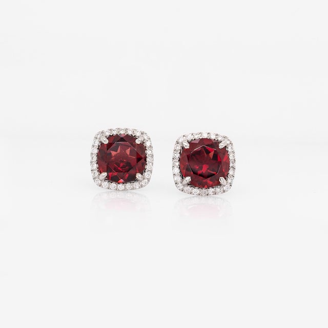 Modern 4.5cts Garnet Stud Earrings With Natural Diamond Halo: Solid 14k White Gold, 8mm For Sale - Image 3 of 6