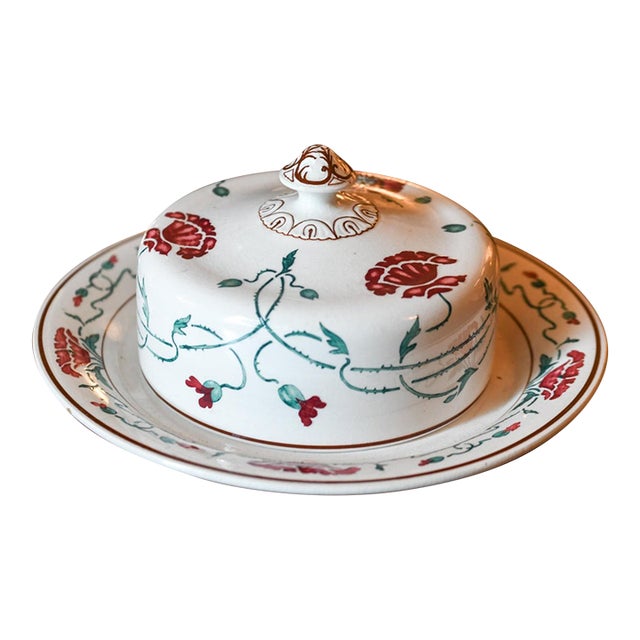 Antique Villeroy & Boch Dresden Cheese Dome With Underplate Red Poppy Thorny Vine Ceramic Butter Dish Late 19th C. German Pottery For Sale