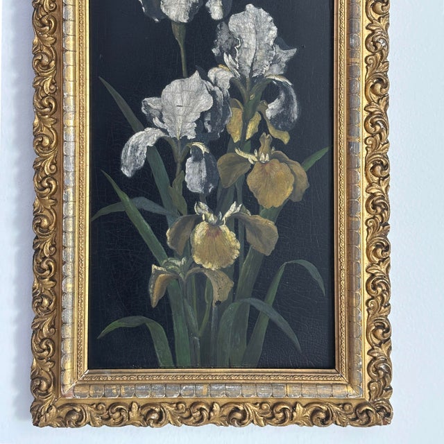 Mid 20th Century Original Oil on Wood Board Iris Framed Painting For Sale - Image 9 of 11