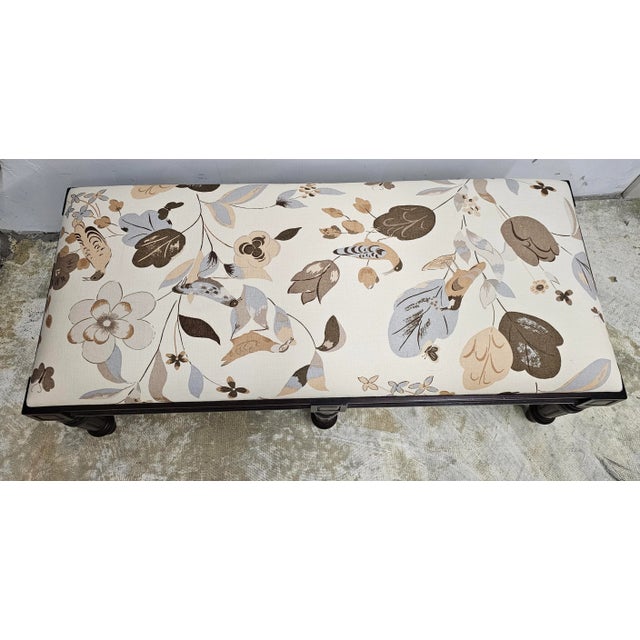 Late 20th Century Contemporary Stained Fruitwood and Print Type Upholstered Bench For Sale - Image 5 of 9