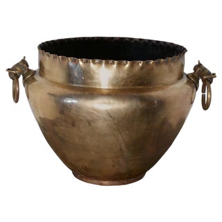 Large Brass Jardinière with Elephant Ring Handles, 1890 For Sale