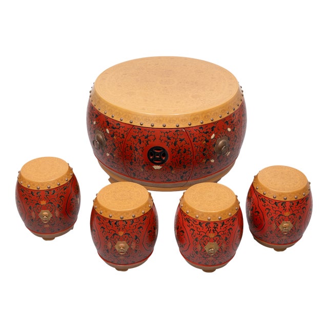Oriental Drum Table with Small Stools 1960s, Set of 5 For Sale