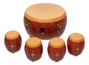 Oriental Drum Table with Small Stools 1960s, Set of 5