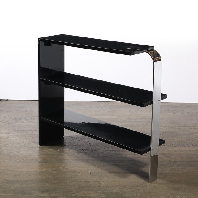 Metal Art Deco Streamlined 3-Tier End Table/Bookcase in Black Lacquer W/ Curved Chrome For Sale - Image 7 of 12