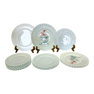 Haviland Limoges Porcelain 12 Piece Dinnerware Set for 6 – Floral & White Plates, Twisted Swirl Pattern, French Fine China, Circa 1950
