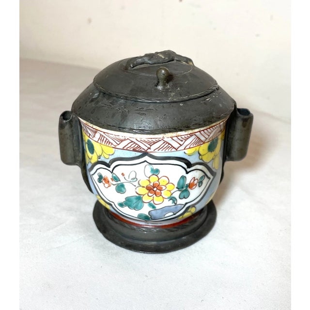 18th Century Rare Antique 18th Century French Pewter Porcelain Writing Inkwell Jar Stand For Sale - Image 5 of 11