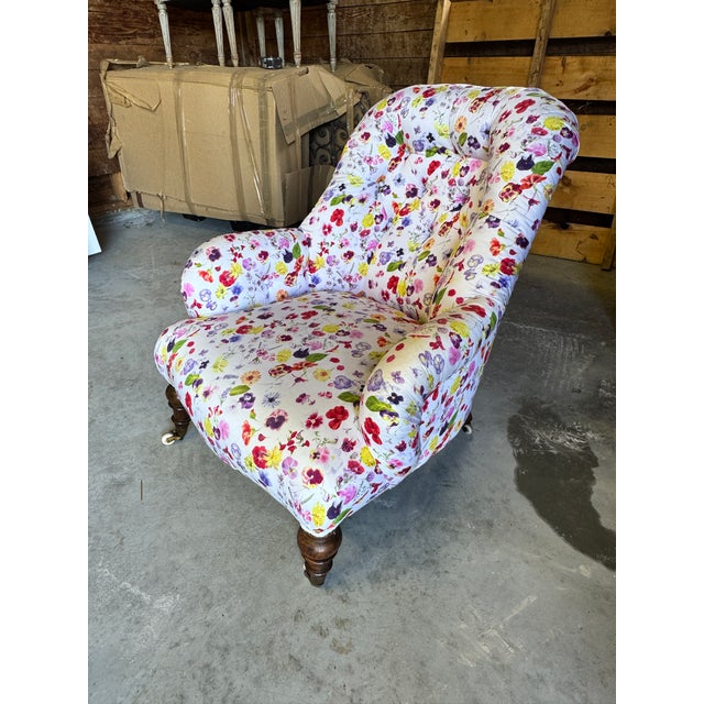Victorian Antique French Napoleon III Tufted Club Chair in Vibrant Pansy Floral Upholstery For Sale - Image 3 of 6