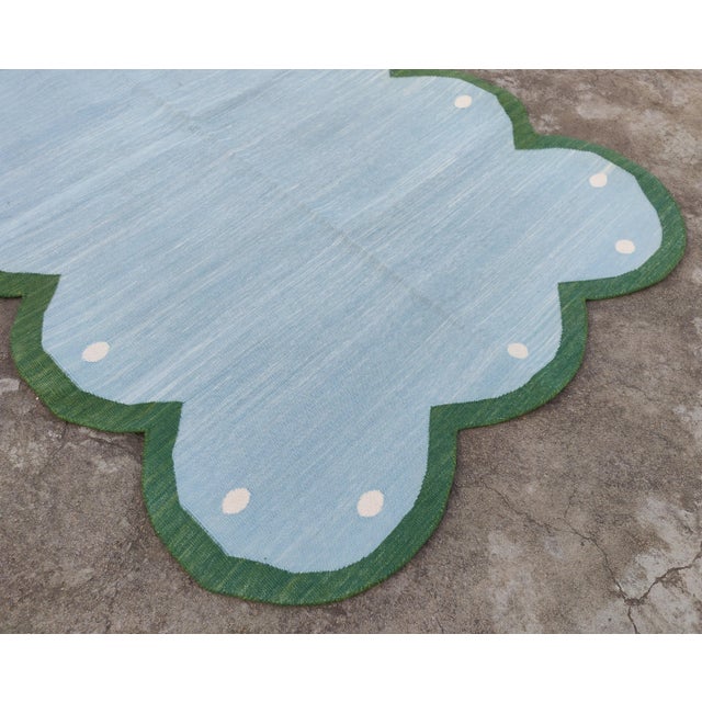 Forest Green Handmade Cotton Scalloped Rug Reversible Sky Blue and Forest Green Dhurrie-10'x14' For Sale - Image 8 of 10
