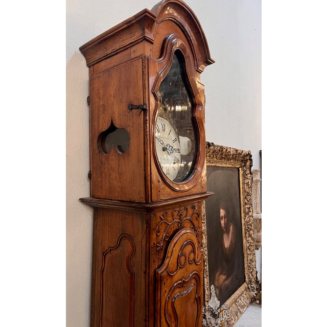 French Provincial 18th Century Tall French Cherry Horloge/ Case Clock For Sale - Image 3 of 12