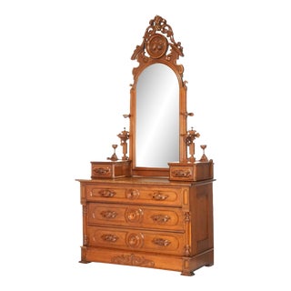 Antique Renaissance Revival Carved Walnut Dresser with Mirror 1880 For Sale