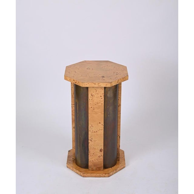 Octagonal Pedestal in Burl Wood and Brass by Tommaso Barbi, Italy, 1970s For Sale - Image 18 of 18