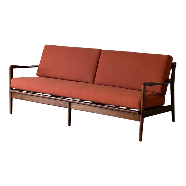 In Style of Ib Kofod-Larsen for Selig Teak Sofa Newly Reupholstered Danish Mid-Century Modern 1960s For Sale