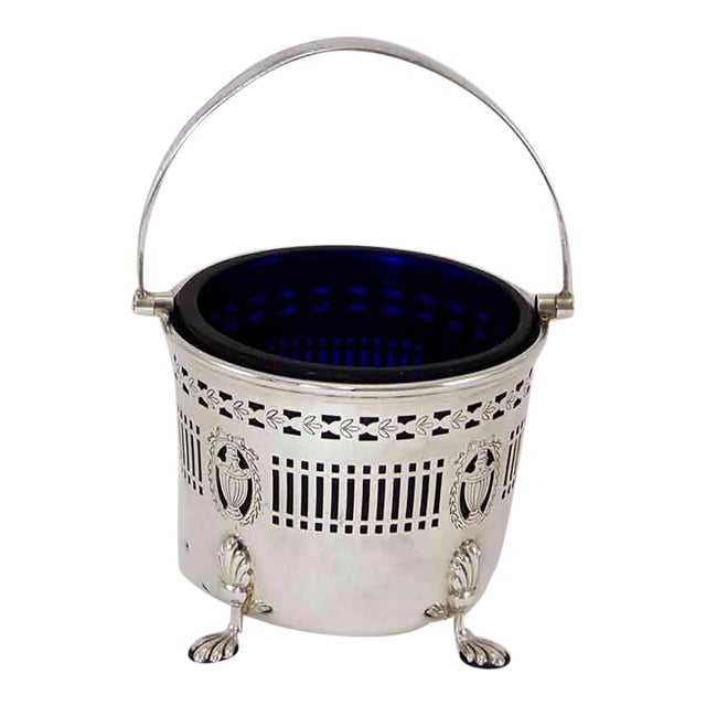 1970s Silver Sugar Basket Pierced With Blue Lining For Sale