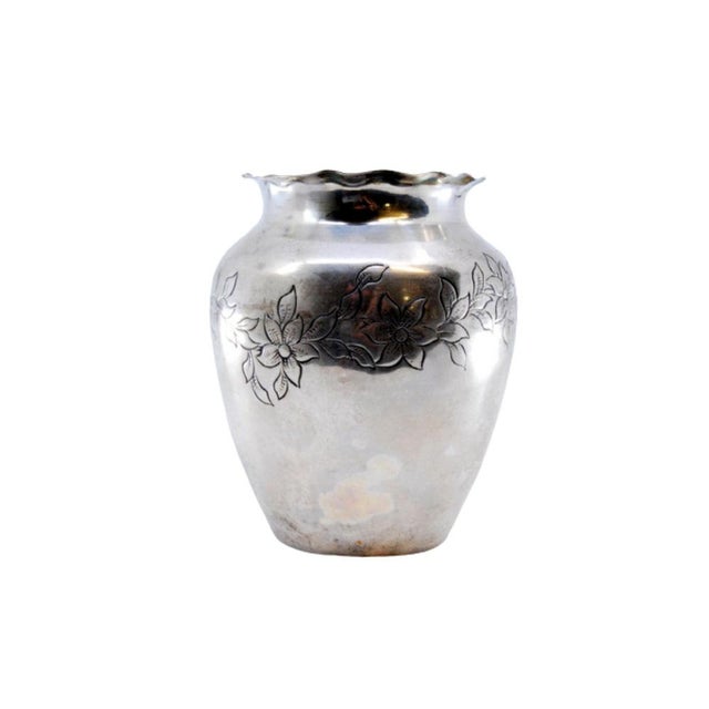 Silver Vase with Engraved Floral Motifs and Wavy Rim For Sale - Image 10 of 10