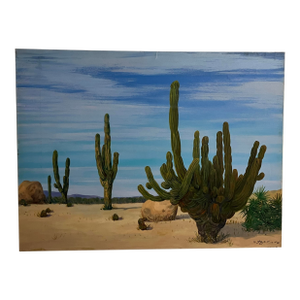 Large Desert Landscape Painting by Becrio, 1990 – Monumental Cactus Scene, 40” X 30”