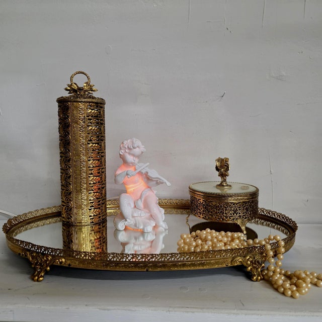 1960's Stylebuilt Vanity Mirror Tray Set Victorian Gothic Gilded Gold Accents For Sale - Image 12 of 14