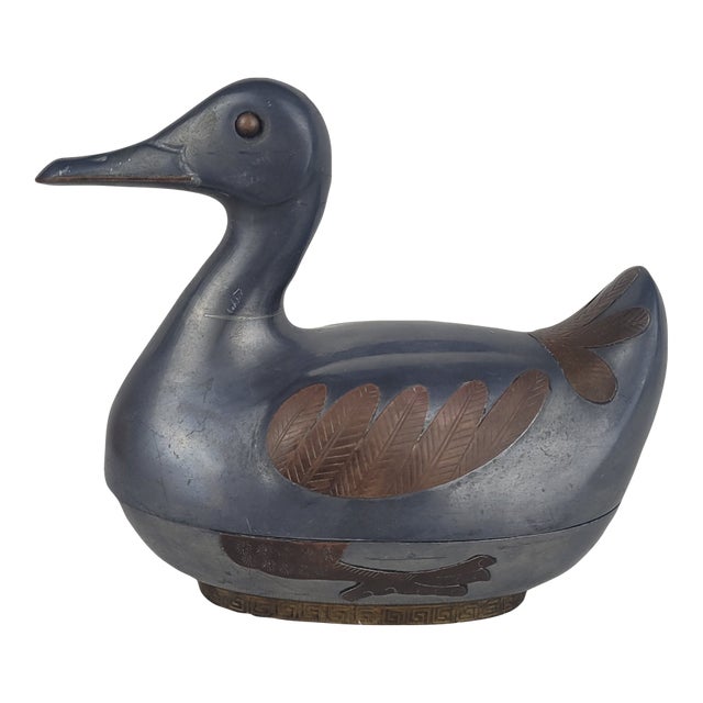 Vintage Pewter Duck Trinket Box Copper Inlay Feather Detail Lidded Dish Gray For Sale