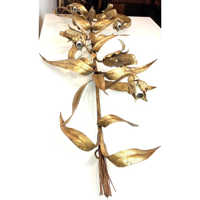 1960s Vintage Italian Gold Gilded Corn Husk Large Wall Sconces - a Pair For Sale In Palm Springs - Image 6 of 10