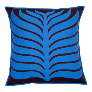 Bold Leaf Motif Applique Pillow Case - Persian Blue & Brown, 16" x 16" For Sale