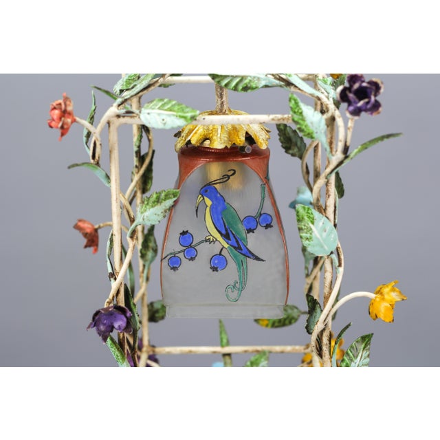 French Tole and Glass Polychrome Pastel Flower Cage Pendant Light, 1950s For Sale - Image 10 of 18