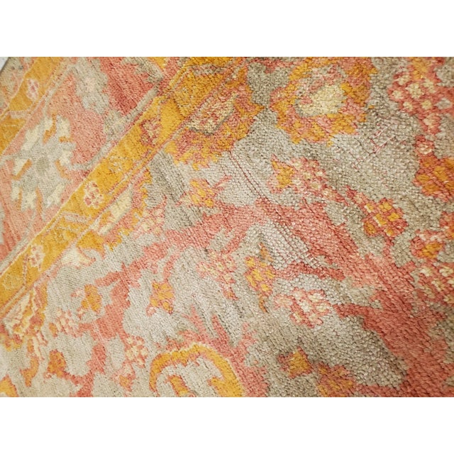 Antique Oushak Handmade Turkish Oriental Saffron, Coral & Light Blue Rug For Sale - Image 11 of 12