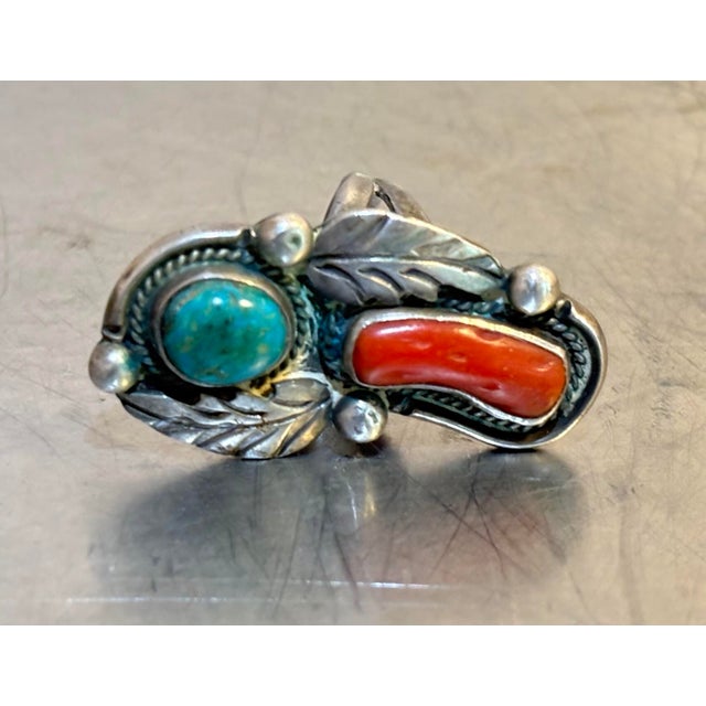 Native American Style Silver/Turquoise/Coral Large Cocktail Ring For Sale - Image 6 of 6
