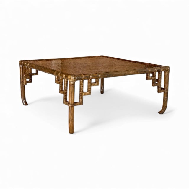 Mid-Century Organic Modern Rattan Fretwork Coffee Table With Mosaic Wood Inlay Top Manner of John Wisner For Sale - Image 12 of 12