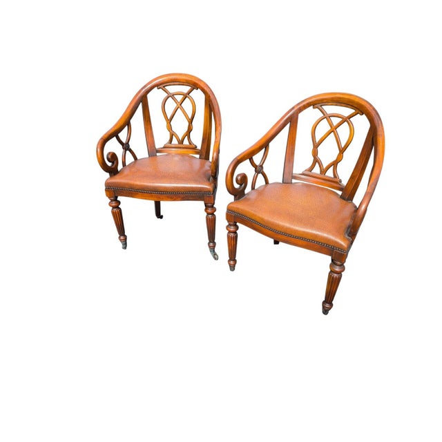 Late 20th Century Pair of Traditional Walnut Leather Upholstered Armchairs With Cabriole Scroll Arms For Sale - Image 9 of 10