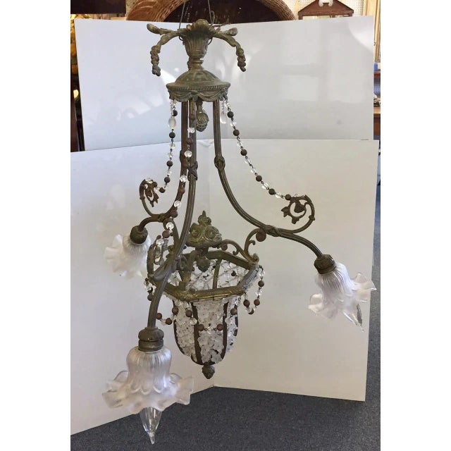 Early 1900's Gothic Style Glass and Bronze Flower Chandelier For Sale - Image 11 of 11